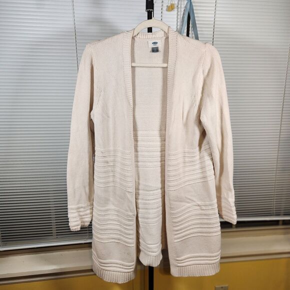 Old‎ Navy $45 Large Oversized Open Knit Cotton Blend Long Beige Ribbed Cardigan - Picture 1 of 11